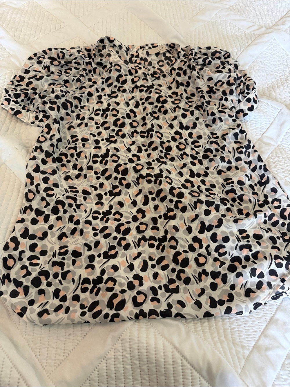 LOFT Short-Sleeve Leopard Print Blouse in Ivory, Black and Tan